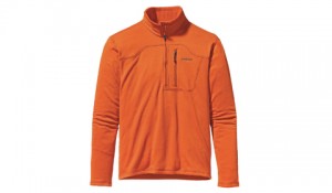Patagonia Men's R1 pullover product photograph of the Patagonica men's R1 pullover in orange