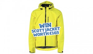 product image of bright yellow cycling jacket with promotional text overlaid
