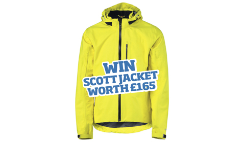 product image of bright yellow cycling jacket with promotional text overlaid